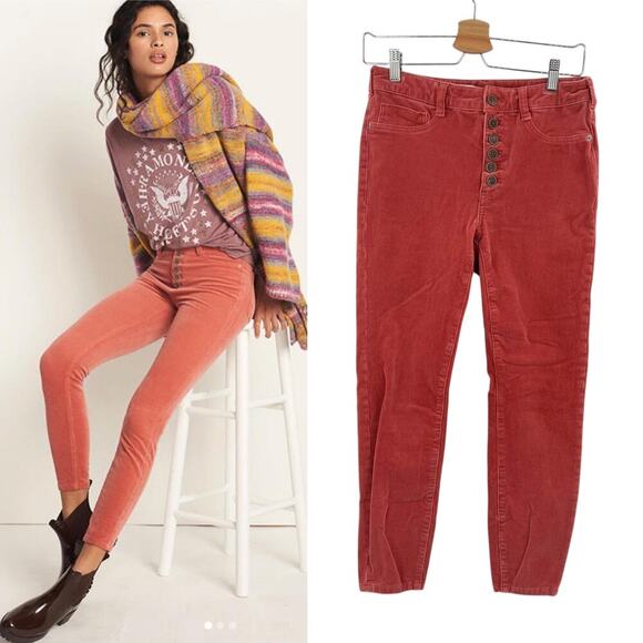 Anthropologie‎ Pilcro Corduroy Pants High-Rise Skinny Button Rose Pink Size 28 - Picture 1 of 14